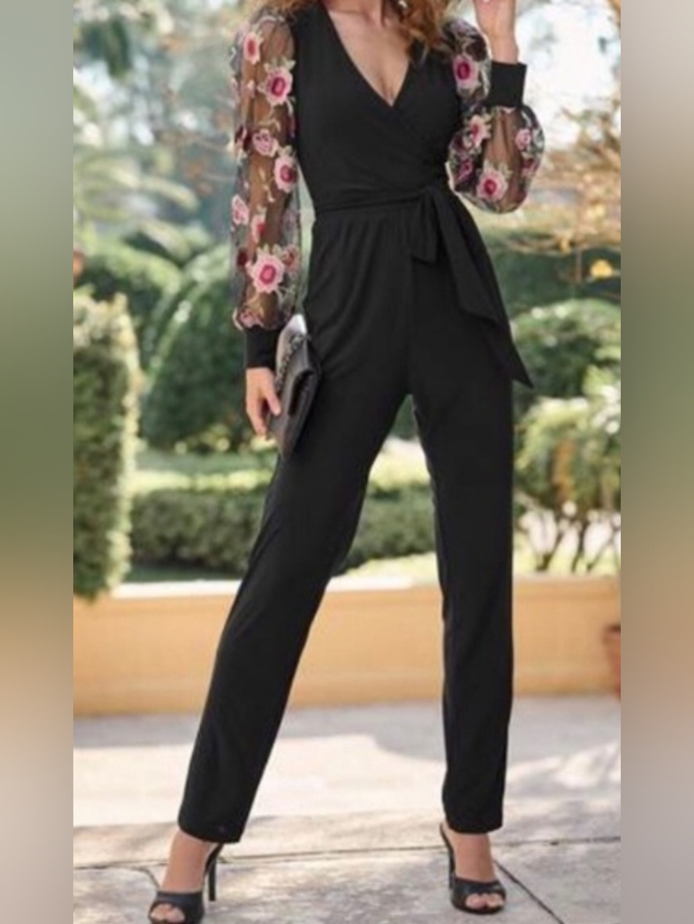 VENUS Black Wrap Jumpsuit with Floral Sheer Sleeves - Large